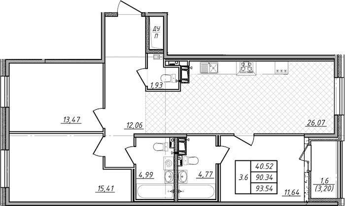 3-комнатная квартира 90.34 м², 2/14 эт., ЖК «Чёрная речка»